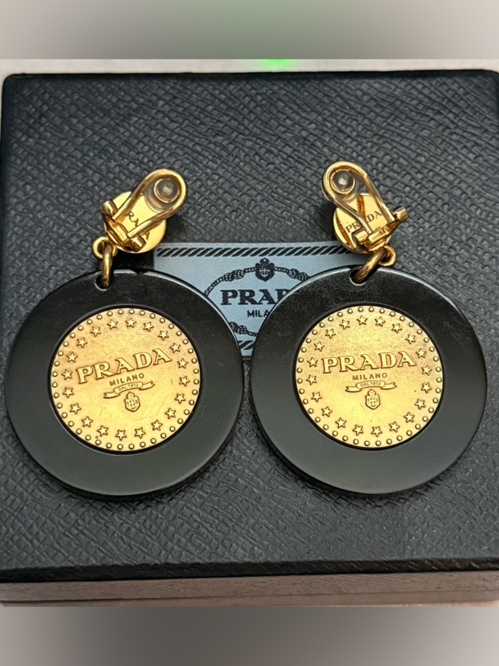 Vintage Prada Black and Gold Medallion Clip-On Earrings - Picture 2 of 5